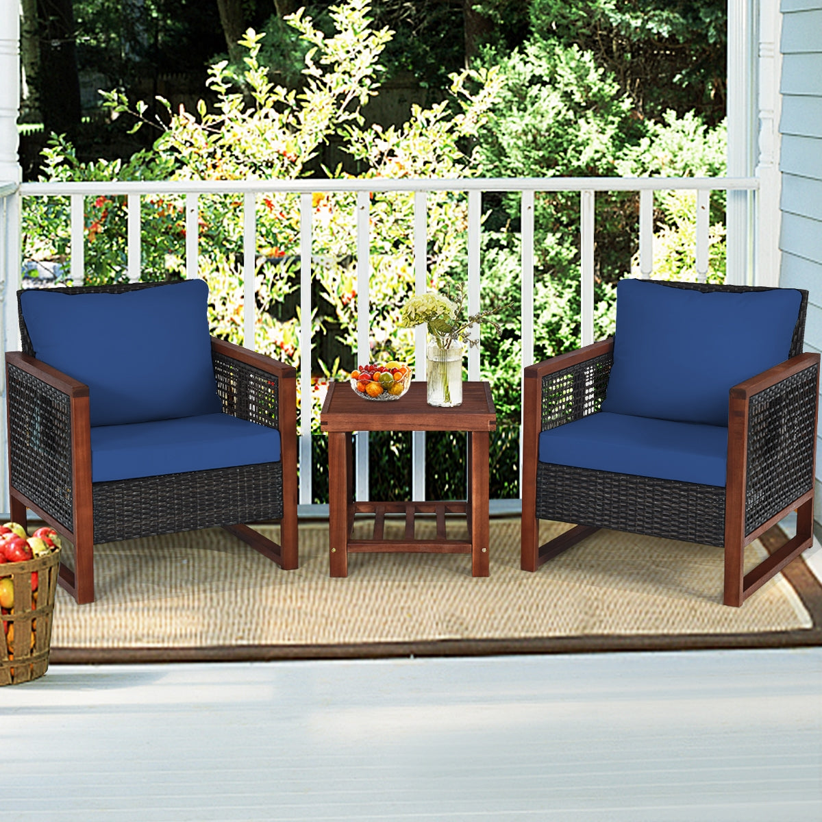 3 Pcs Patio Wicker Furniture Sofa Set with Wooden Frame and Cushion-Navy