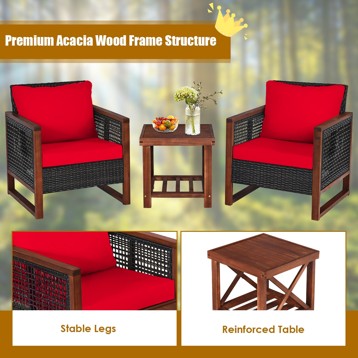 3 Pieces Acacia Wood Patio Furniture Set with Coffee Table-Red