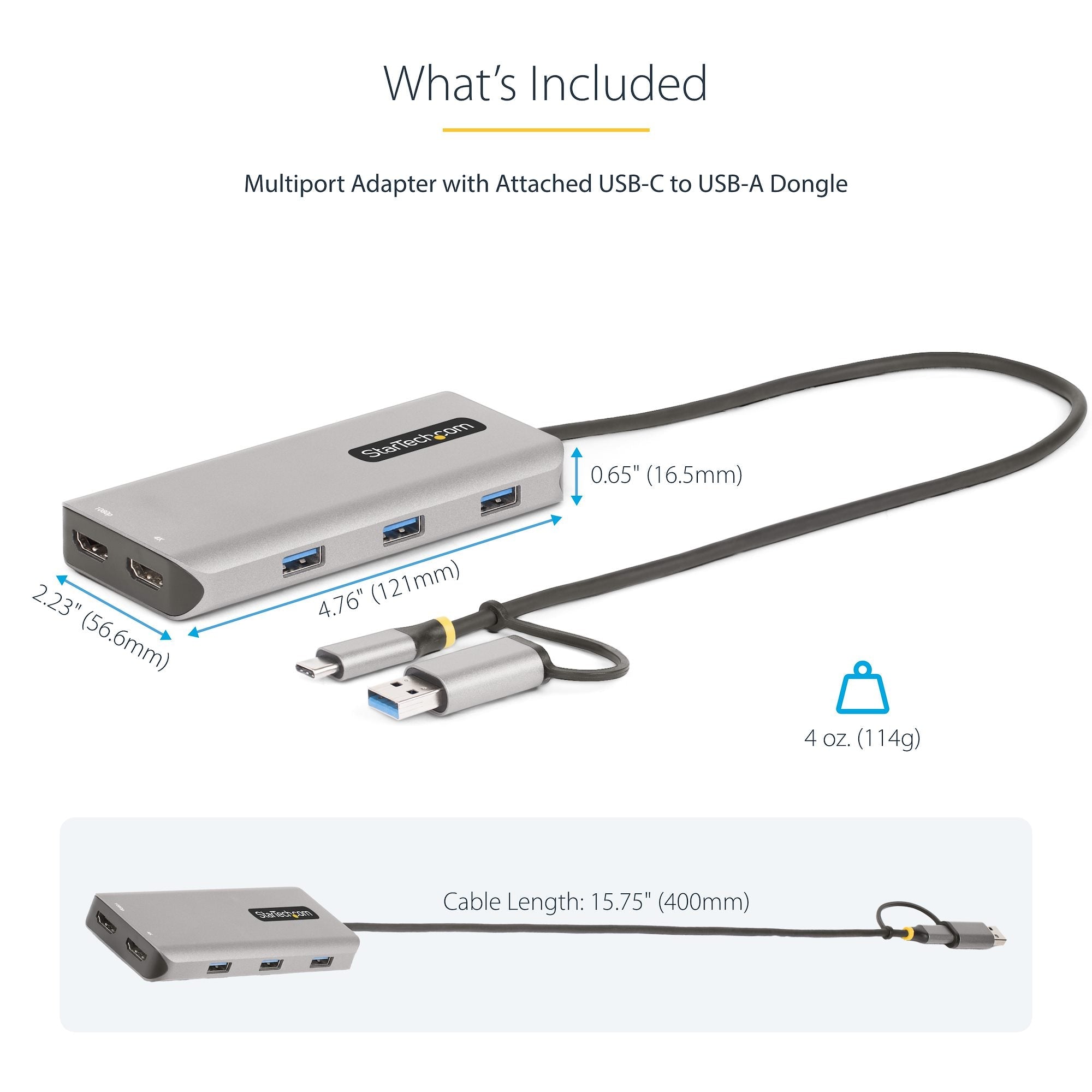 USB-C Multiport Adapter w/Attached USB-C to USB-A Dongle, Dual HDMI (4K30Hz/1080p60Hz), 3x USB-A 5Gbps, Mini Travel Dock, Laptop Docking Station, 1.3ft/40cm Cable 