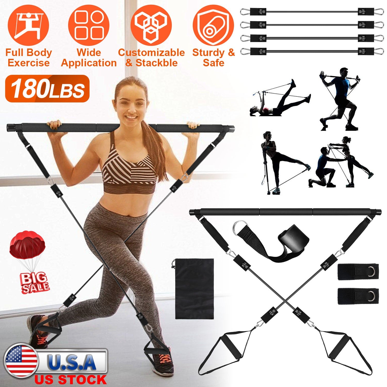 Pilates Bar Kit with 100LBS Resistance Bands Multifunctional Pilates Yoga Toning Bar Full Body Exercise Equipment Set for Beginners Intermediates Prof