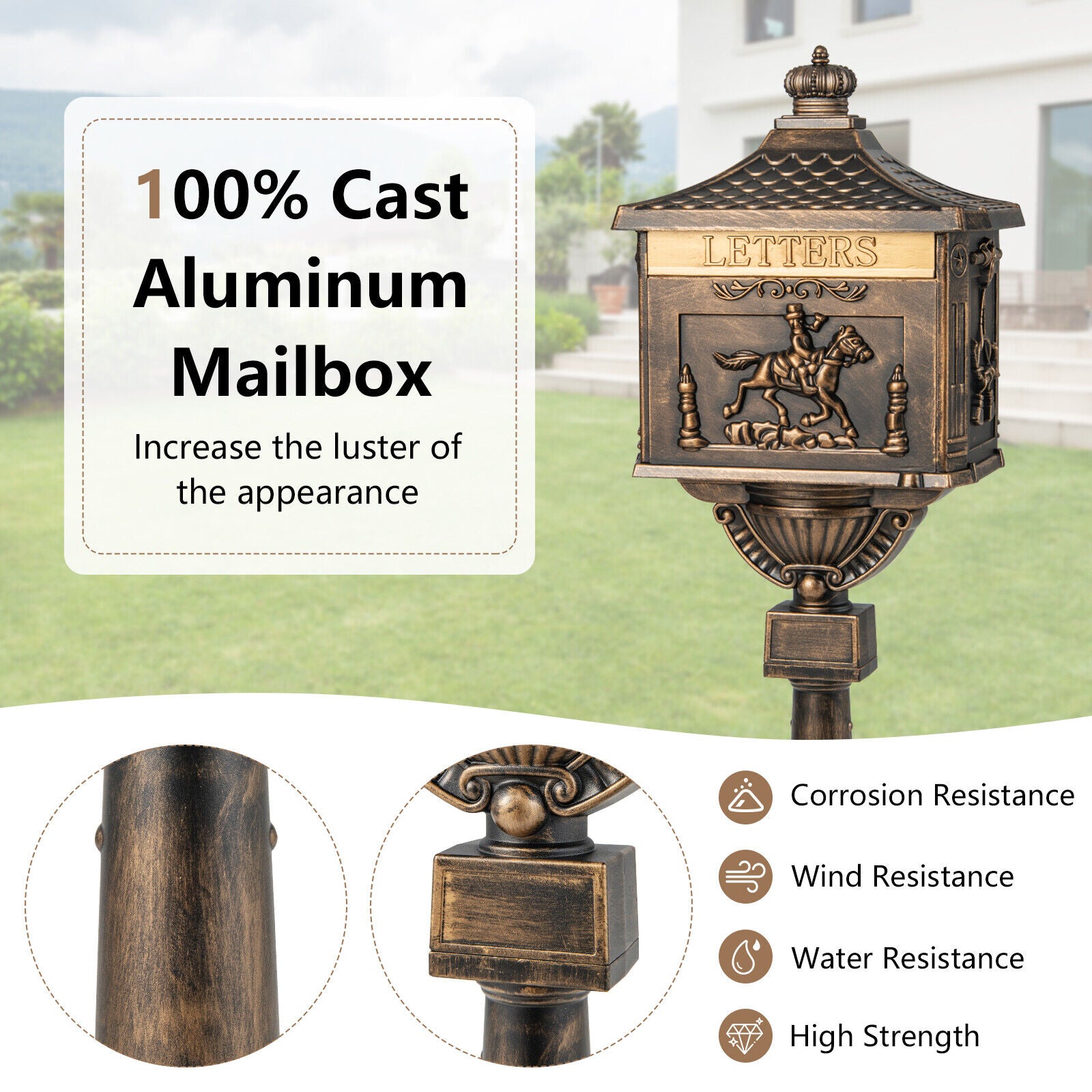 Retro Cast Aluminum Mailbox Security Postal Letter Box with Baffle Door-Bronze