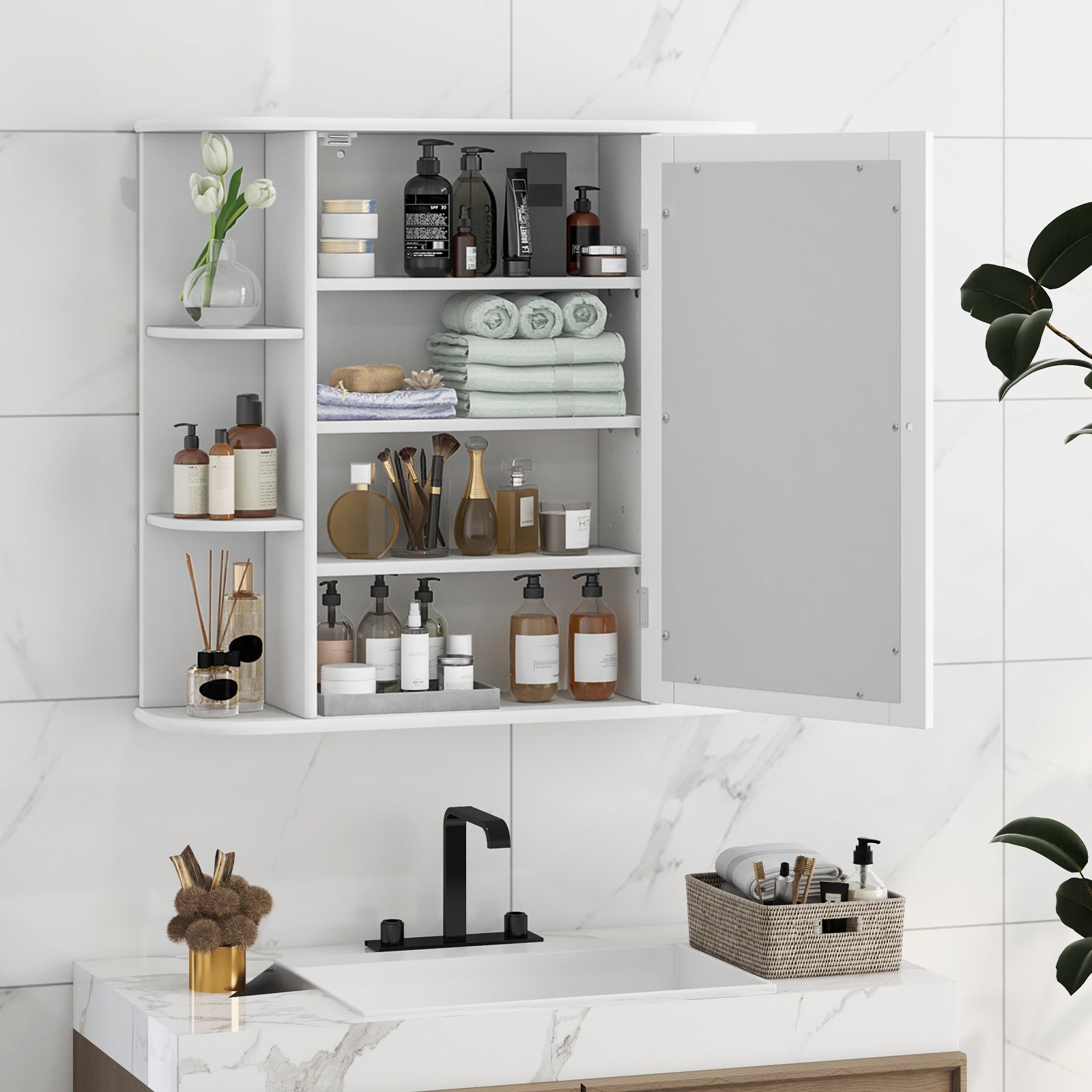 Multipurpose Mount Wall Mirror Bathroom Storage Cabinet-White