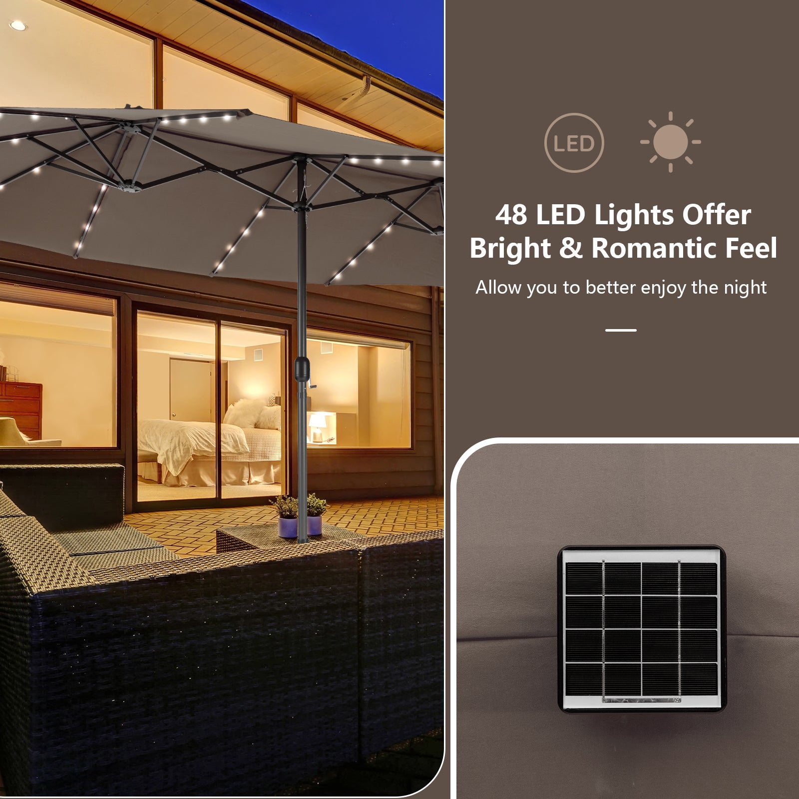 15 Feet Double-Sided Patio Umbrella with 48 LED Lights-Brown