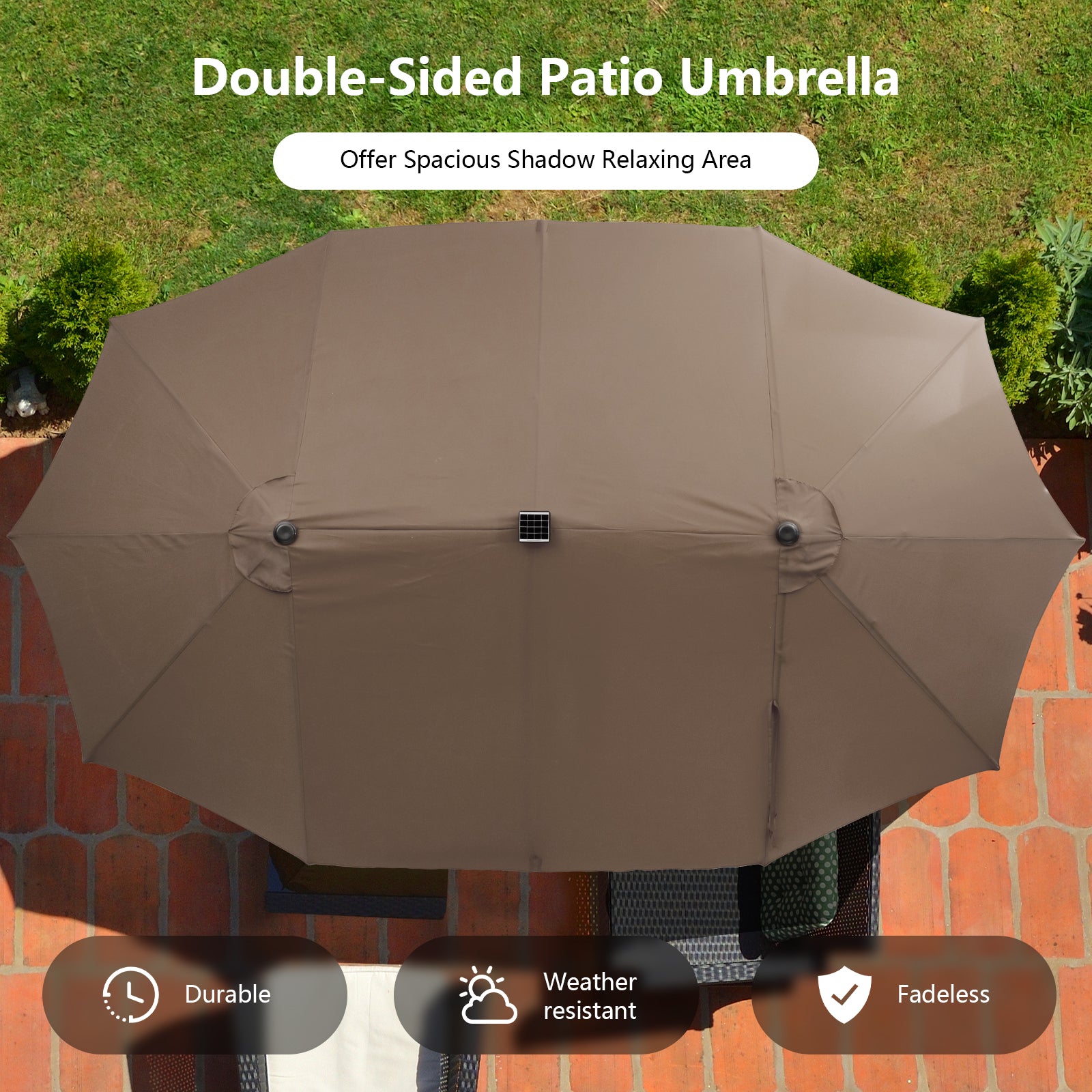 15 Feet Double-Sided Patio Umbrella with 48 LED Lights-Brown