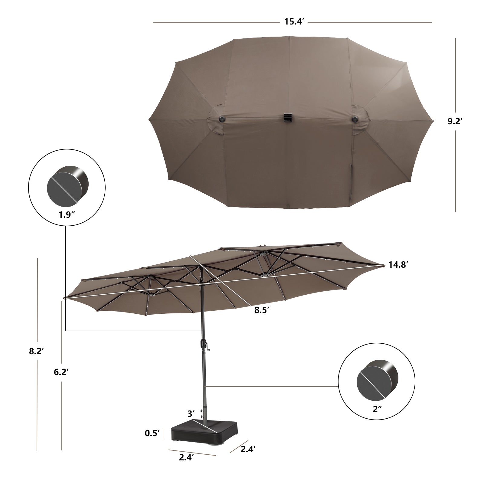 15 Feet Double-Sided Patio Umbrella with 48 LED Lights-Brown 