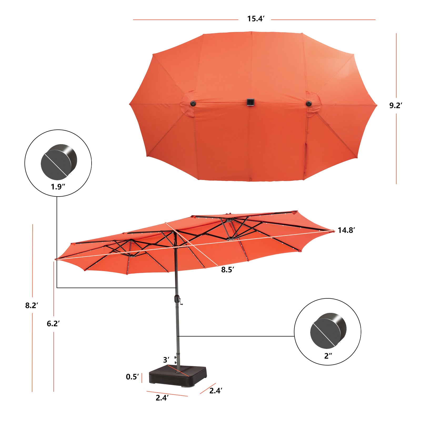 15 Feet Double-Sided Patio Umbrella with 48 LED Lights-Orange