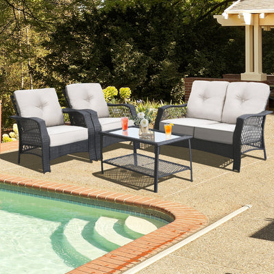 4 Pieces Patio Wicker Furniture Set Loveseat Sofa Coffee Table with Cushion-Beige 