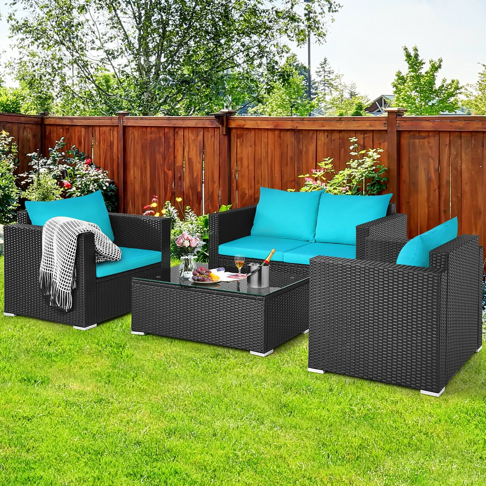 4Pcs Patio Rattan Cushioned Furniture Set-Turquoise