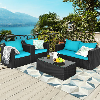 4Pcs Patio Rattan Cushioned Furniture Set-TurquoiseÂ 