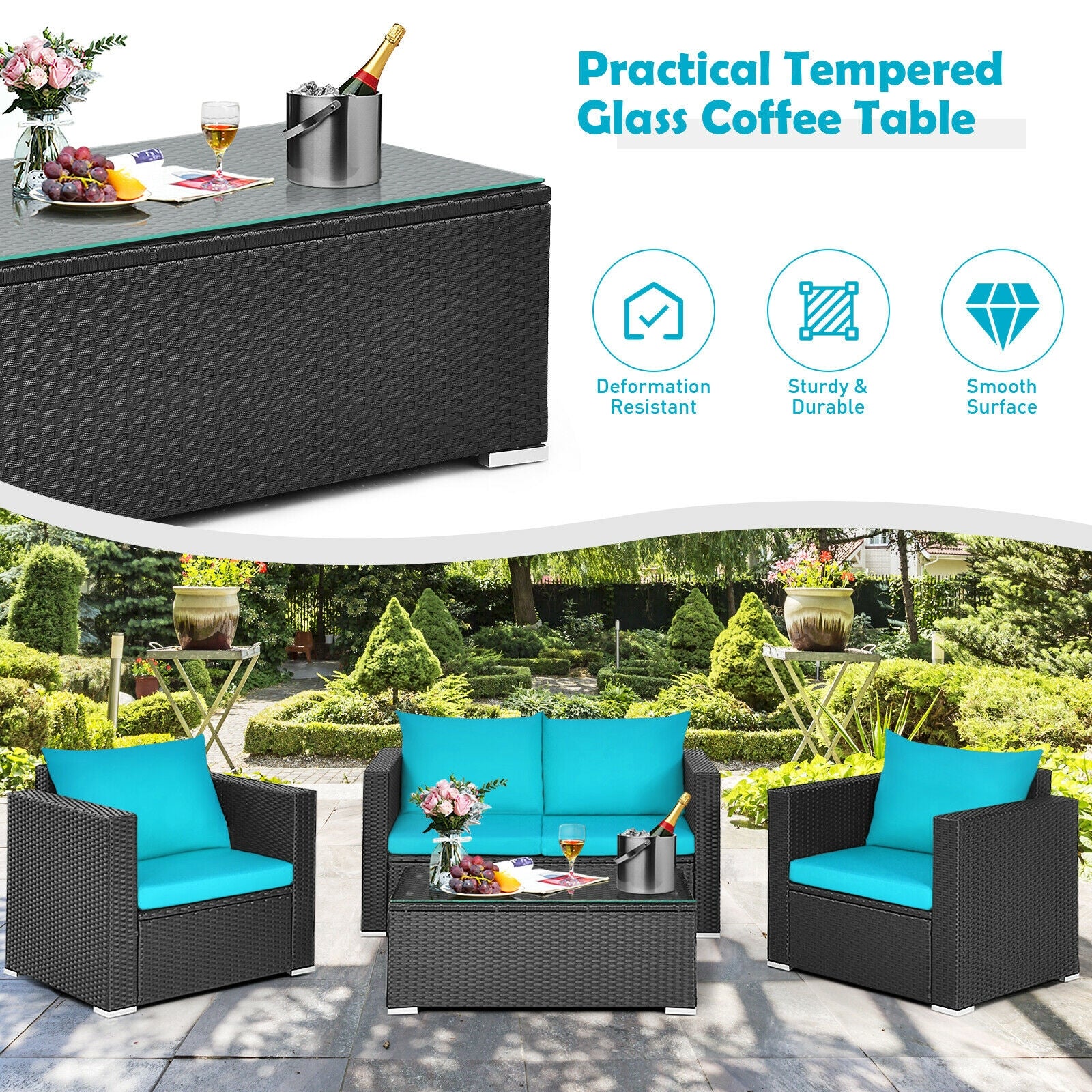 4Pcs Patio Rattan Cushioned Furniture Set-Turquoise