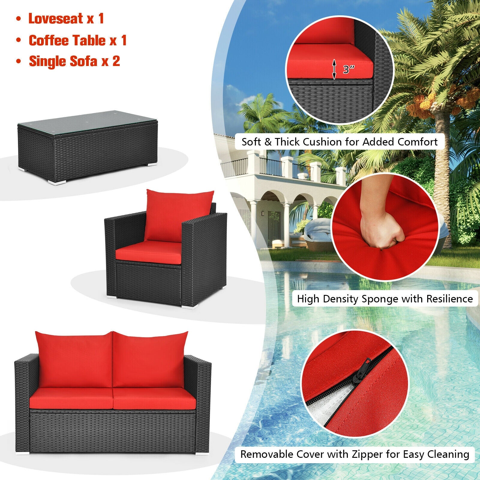 4Pcs Patio Rattan Cushioned Furniture Set-Red