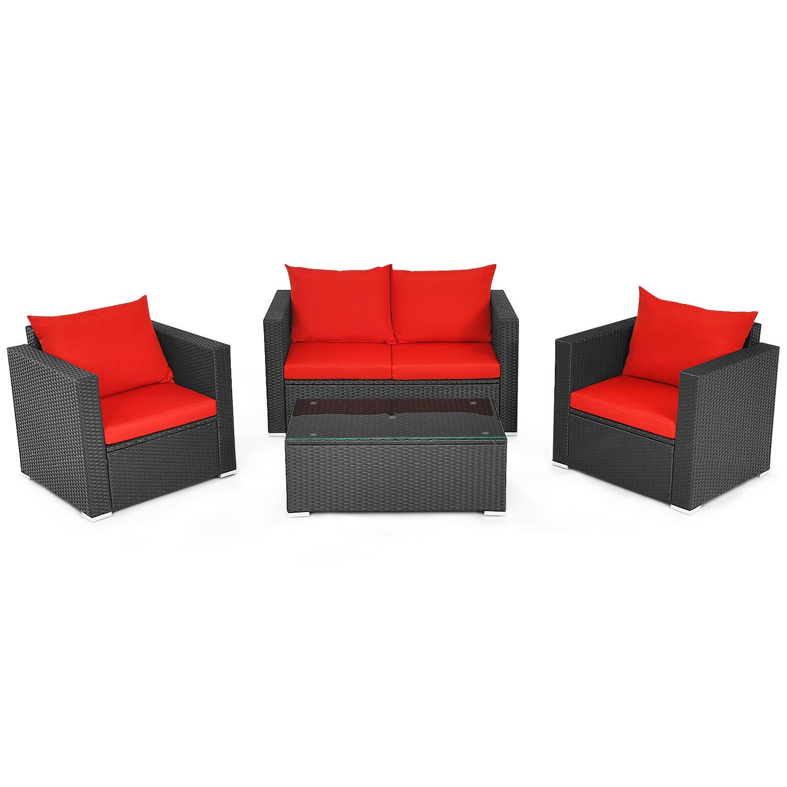 4Pcs Patio Rattan Cushioned Furniture Set-Red