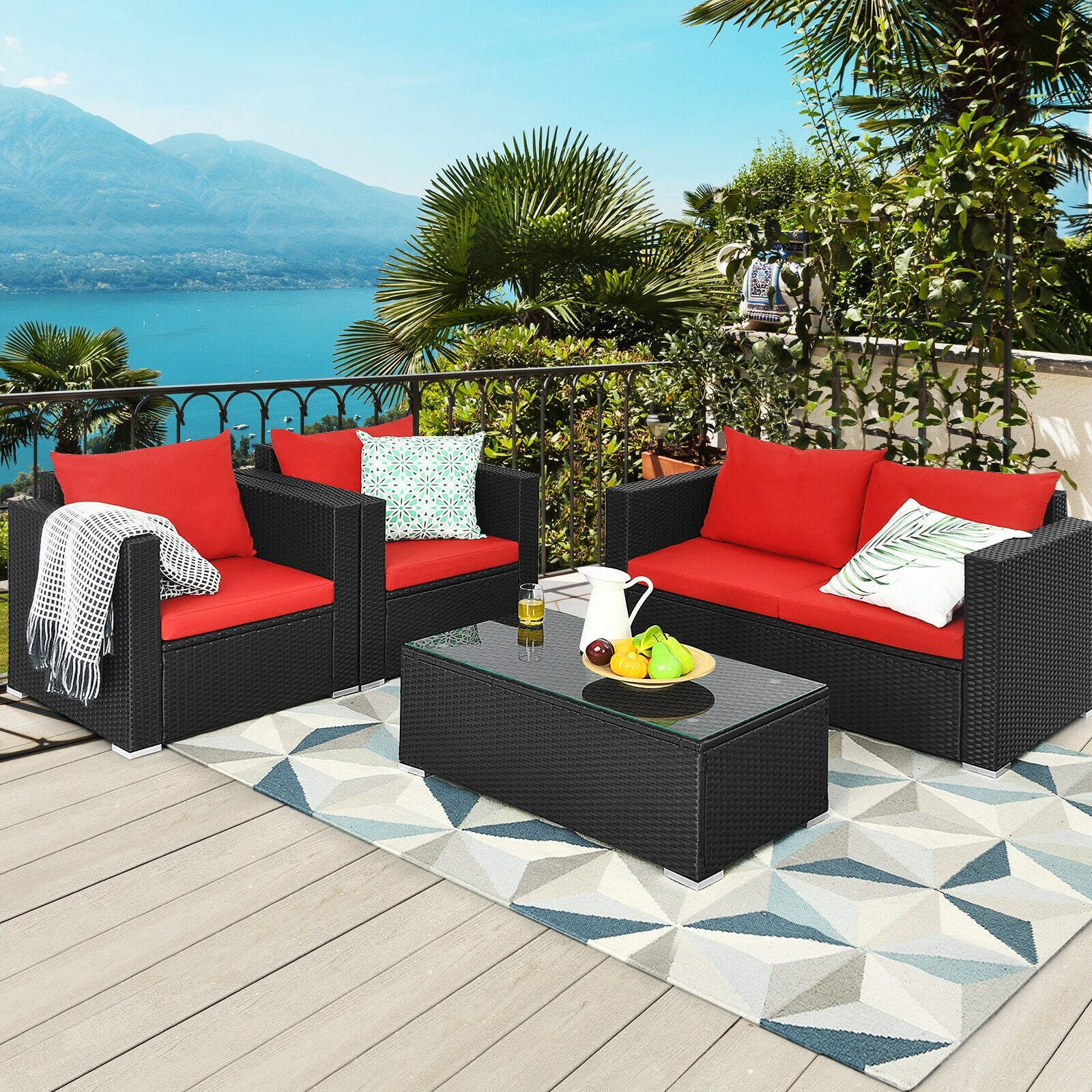 4Pcs Patio Rattan Cushioned Furniture Set-Red