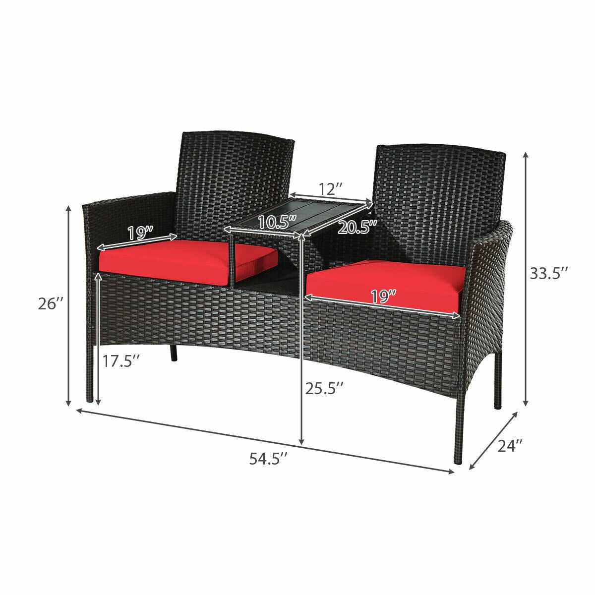 Modern Patio Conversation Set with Built-in Coffee Table and Cushions -Red