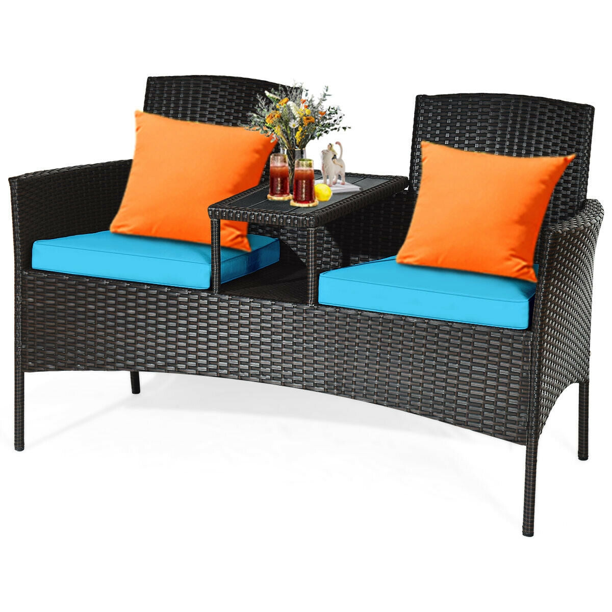 Modern Patio Conversation Set with Built-in Coffee Table and Cushions -Turquoise