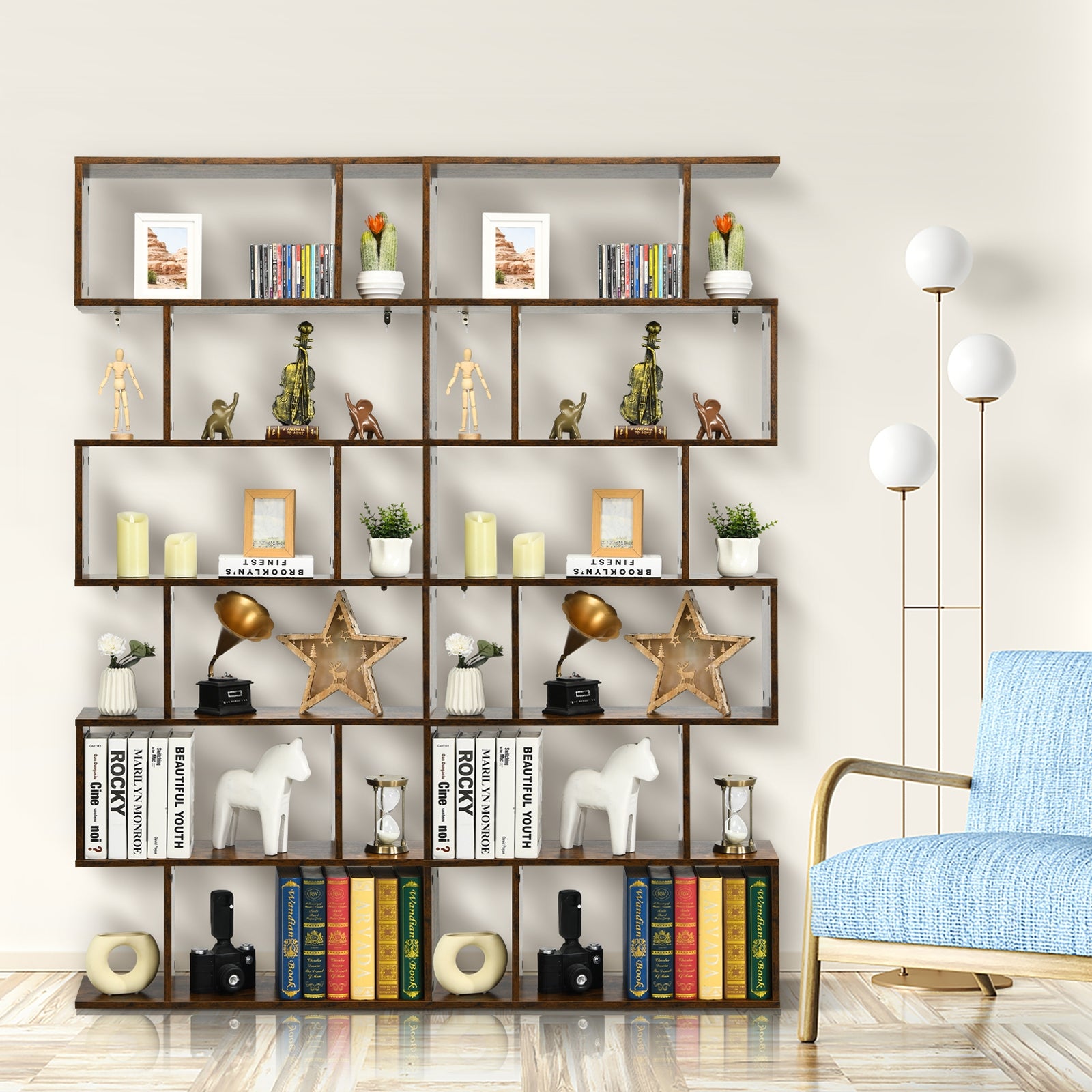 6 Tier S-Shaped Bookshelf Storage Display Bookcase Decor Z-Shelf -Coffee