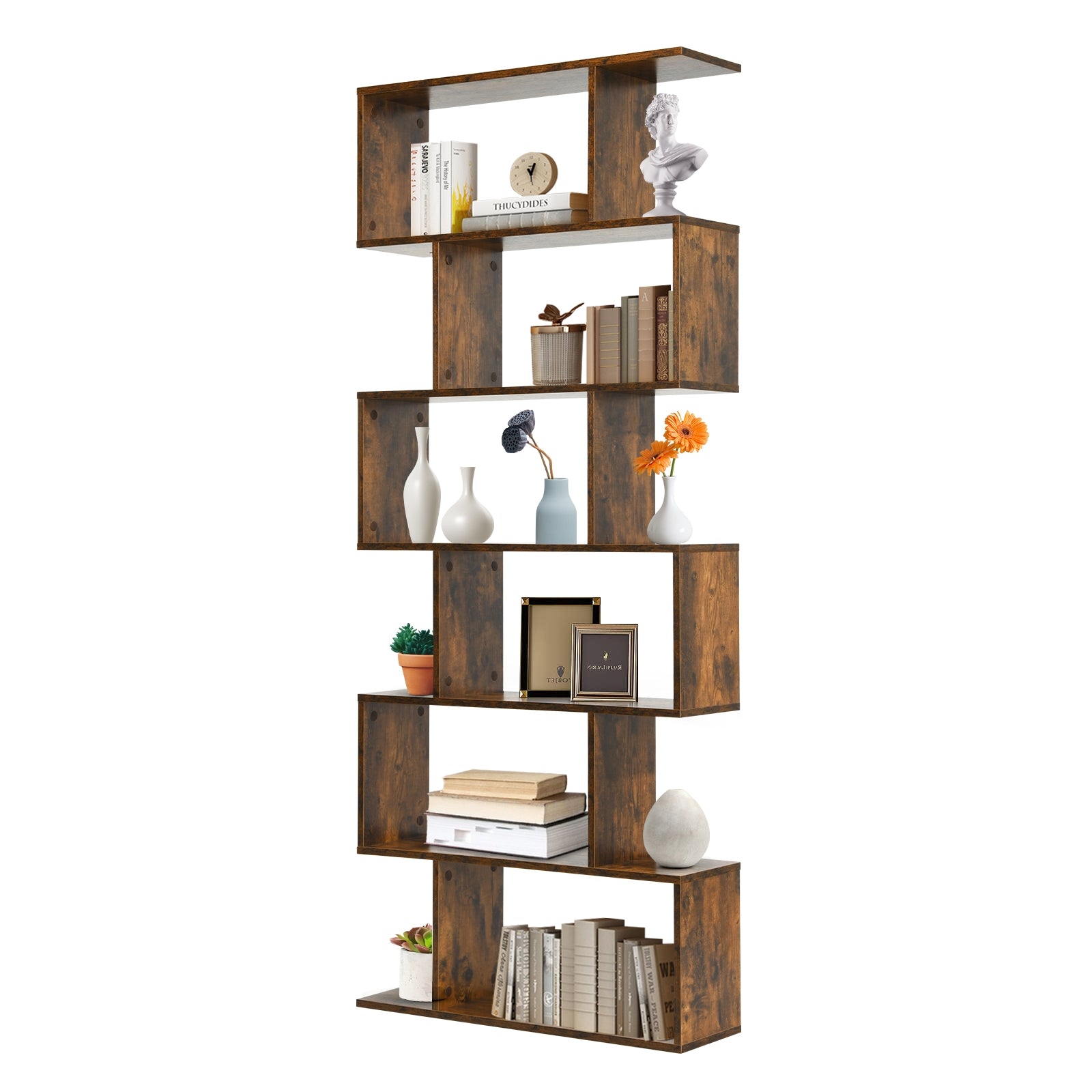 6 Tier S-Shaped Bookshelf Storage Display Bookcase Decor Z-Shelf -Coffee