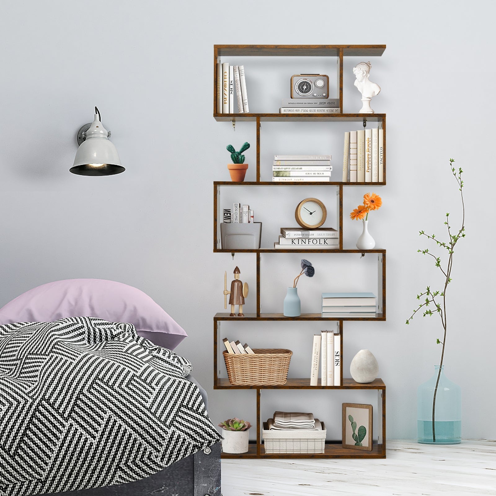 6 Tier S-Shaped Bookshelf Storage Display Bookcase Decor Z-Shelf -Coffee