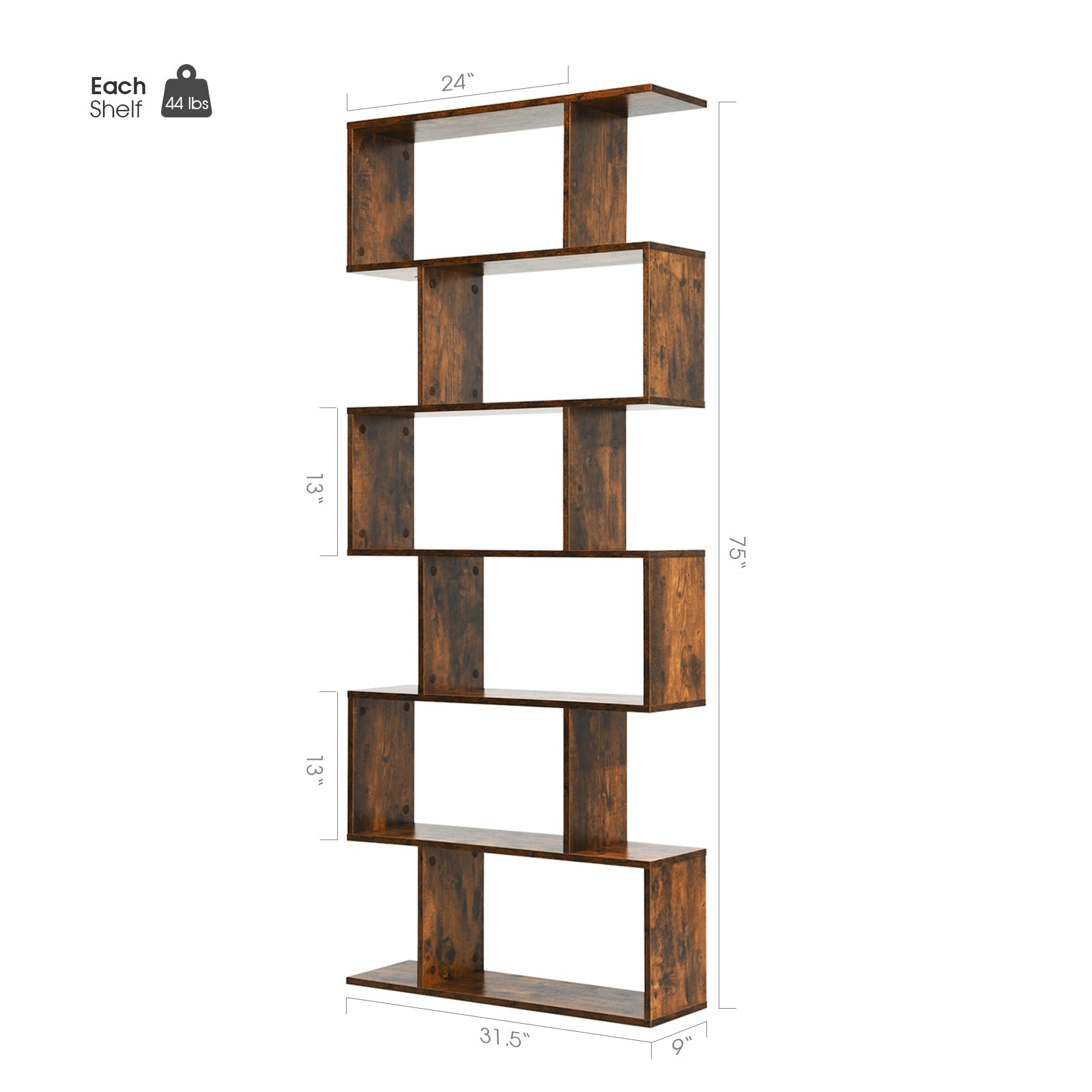 6 Tier S-Shaped Bookshelf Storage Display Bookcase Decor Z-Shelf -Coffee