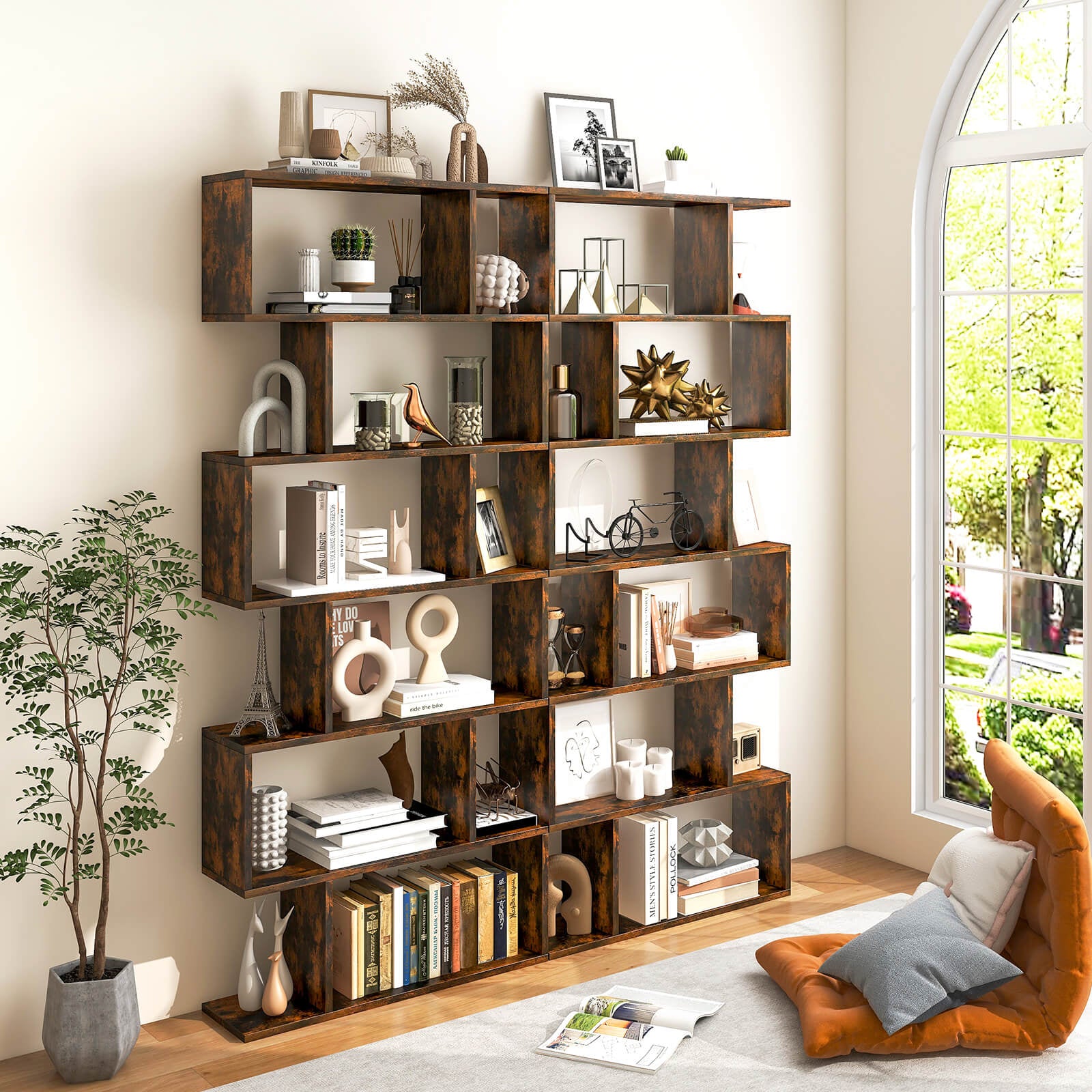 6 Tier S-Shaped Bookshelf Storage Display Bookcase Decor Z-Shelf -Coffee