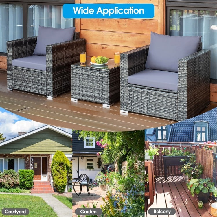 3 Pcs Patio Rattan Furniture Bistro Sofa Set with Cushioned-Gray