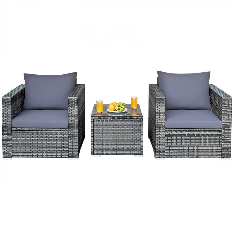 3 Pcs Patio Rattan Furniture Bistro Sofa Set with Cushioned-Gray