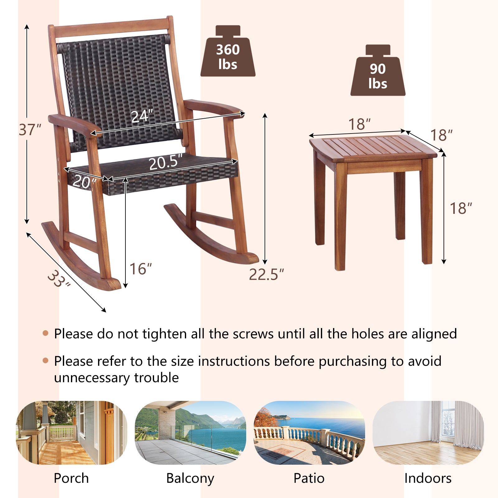 3 Pieces Acacia Wood Patio Rocking Chair Set with Side Table