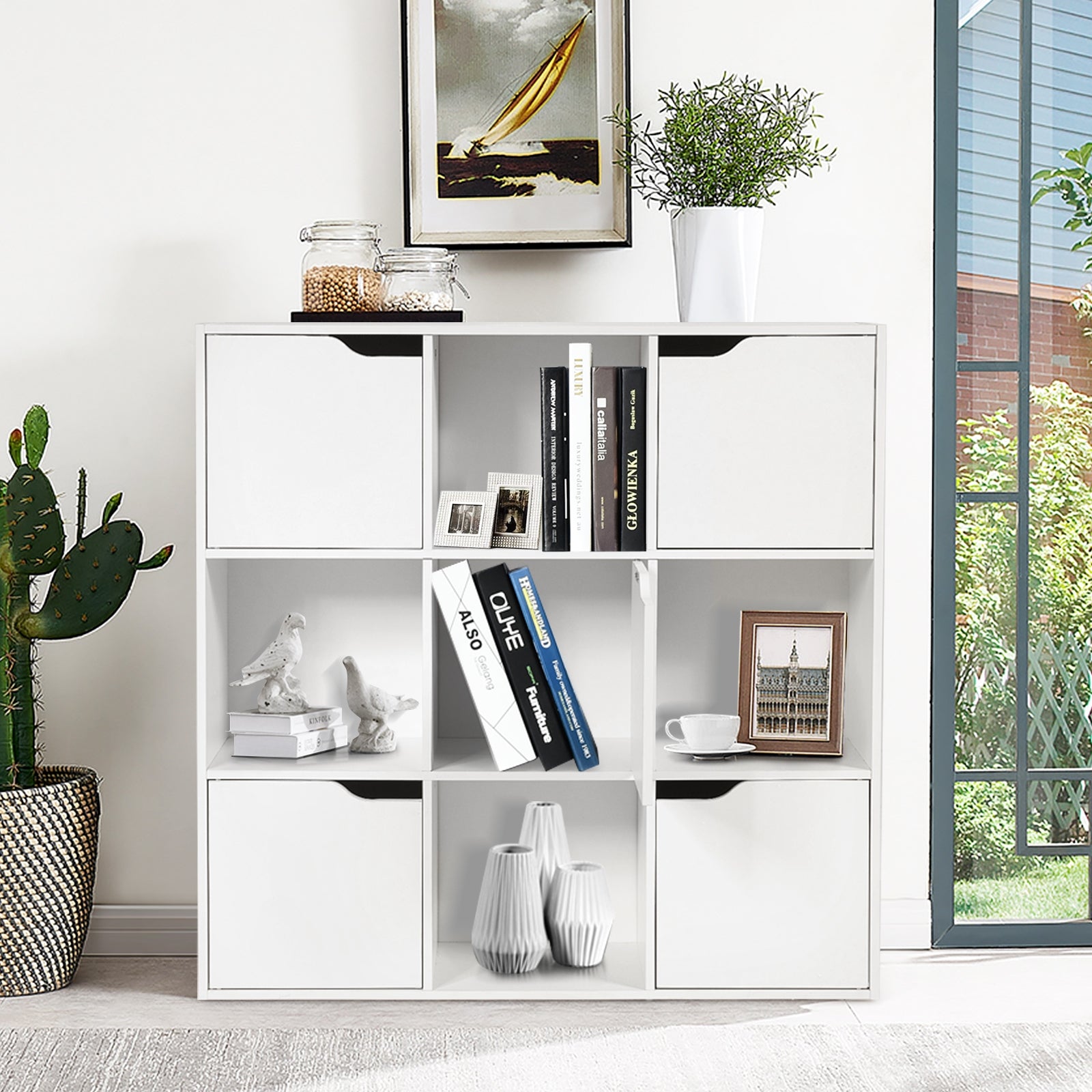 Free Standing 9 Cube Storage Wood Divider Bookcase for Home and Office-White