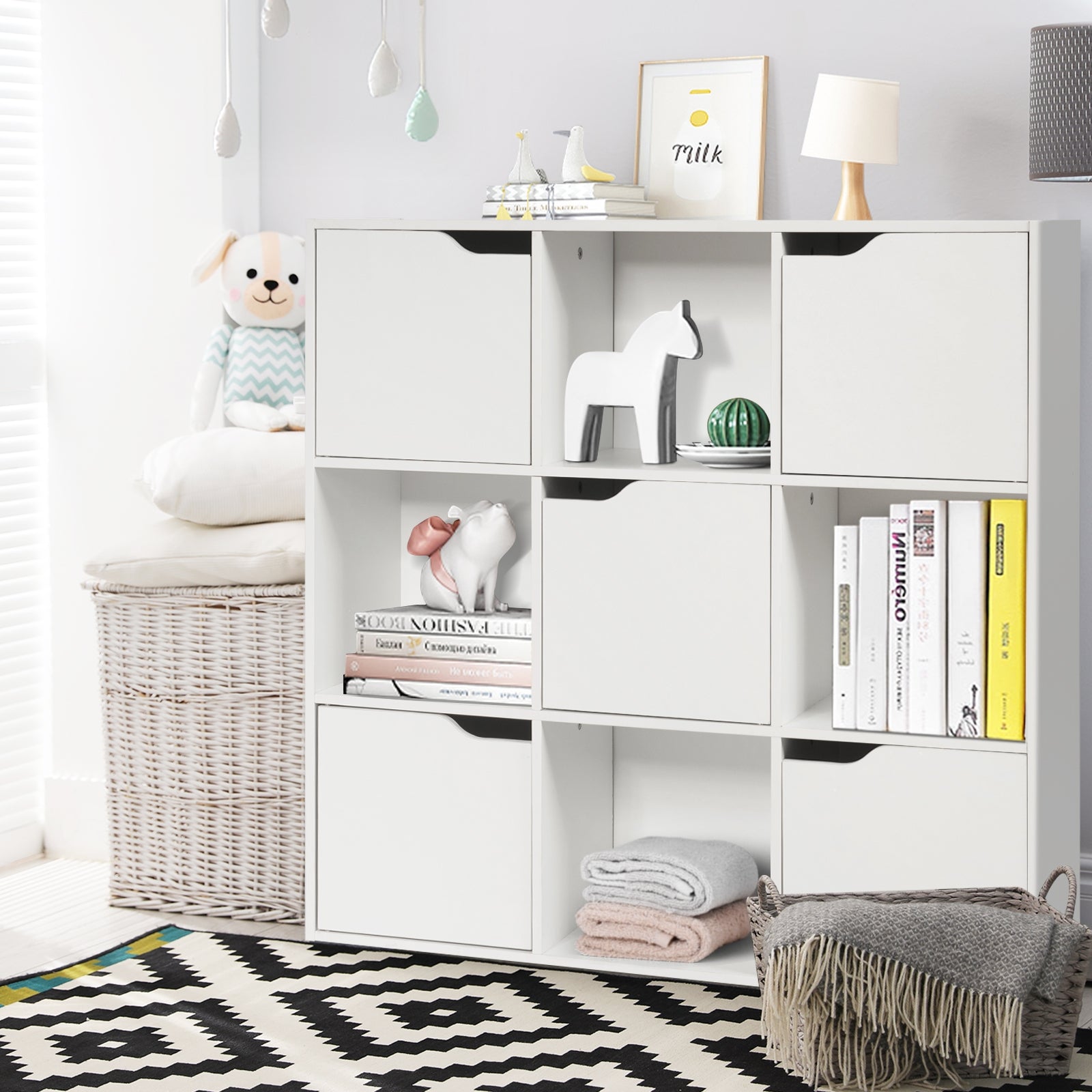 Free Standing 9 Cube Storage Wood Divider Bookcase for Home and Office-White