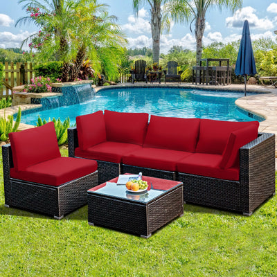 5 Pieces Cushioned Patio Rattan Furniture Set with Glass Table-RedÂ 