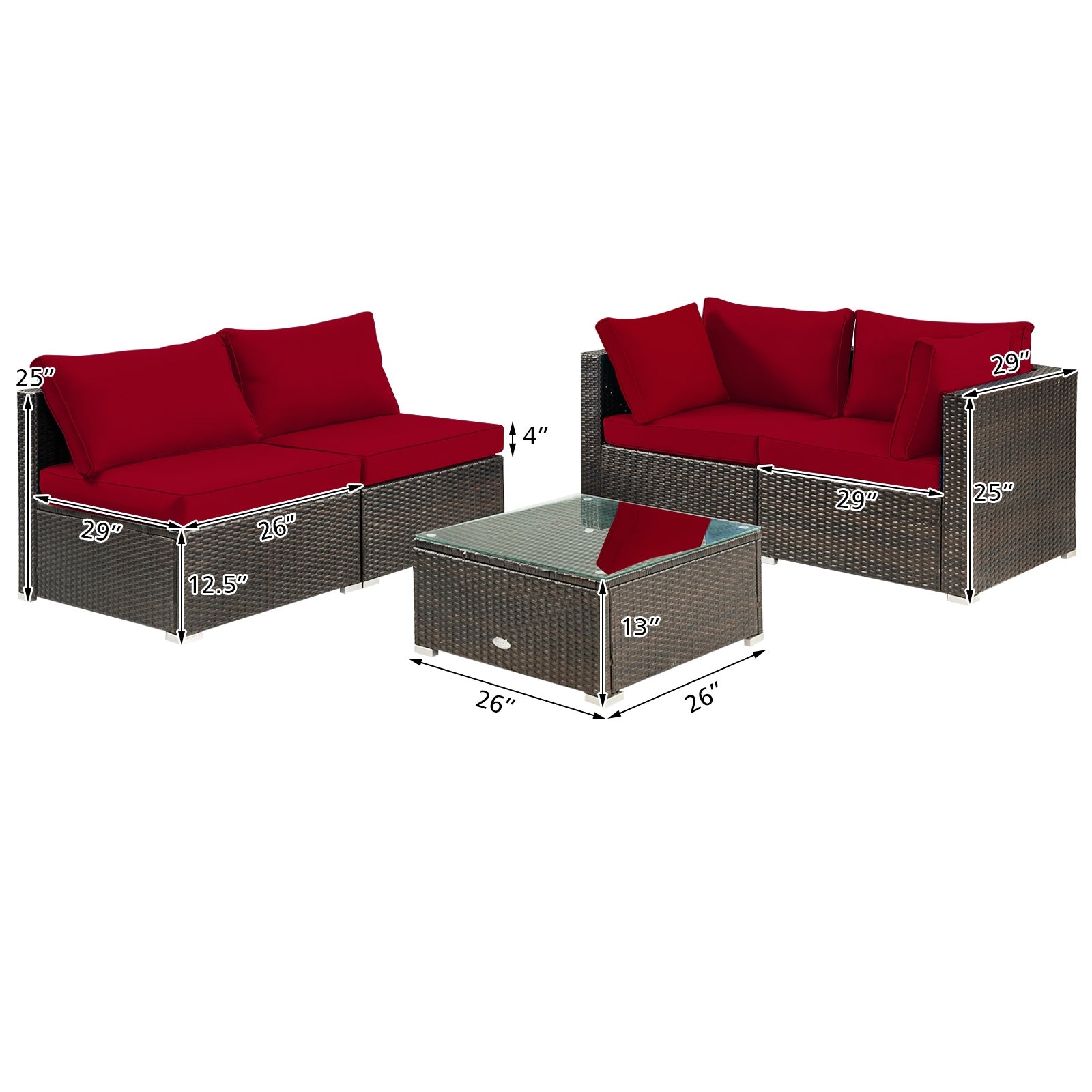 5 Pieces Cushioned Patio Rattan Furniture Set with Glass Table-Red