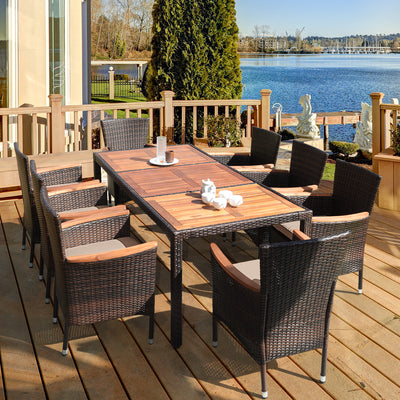 9 Pieces Rattan Dining Set with Acacia Wood Table and Stackable Cushioned ChairsÂ 