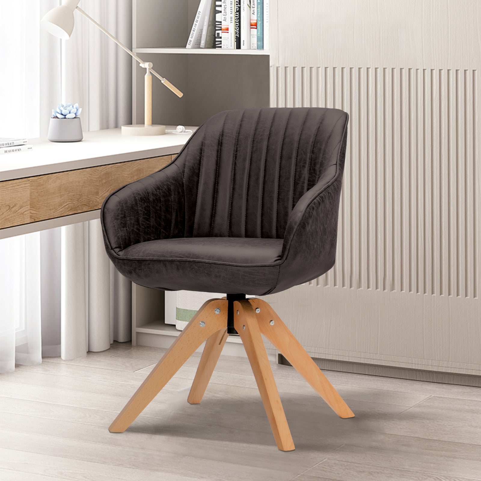 Mid-Century Swivel Accent Chair PU Leather Vanity Study Armchair-Dark BrownÂ 