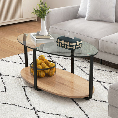 2-Tier Glass-Top Oval Coffee Table with Wooden Shelf for Living Room 