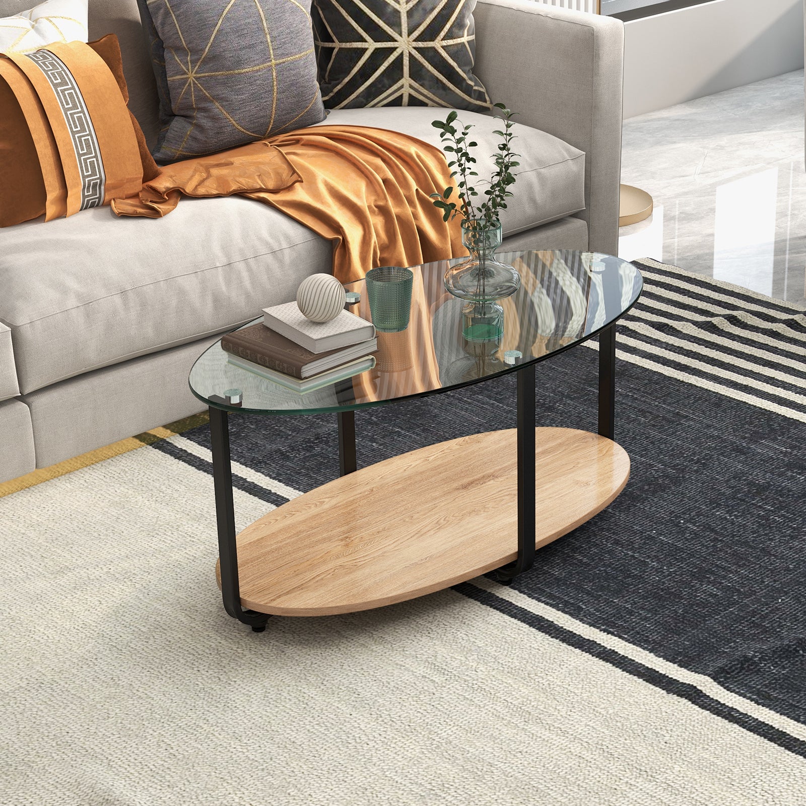2-Tier Glass-Top Oval Coffee Table with Wooden Shelf for Living Room 