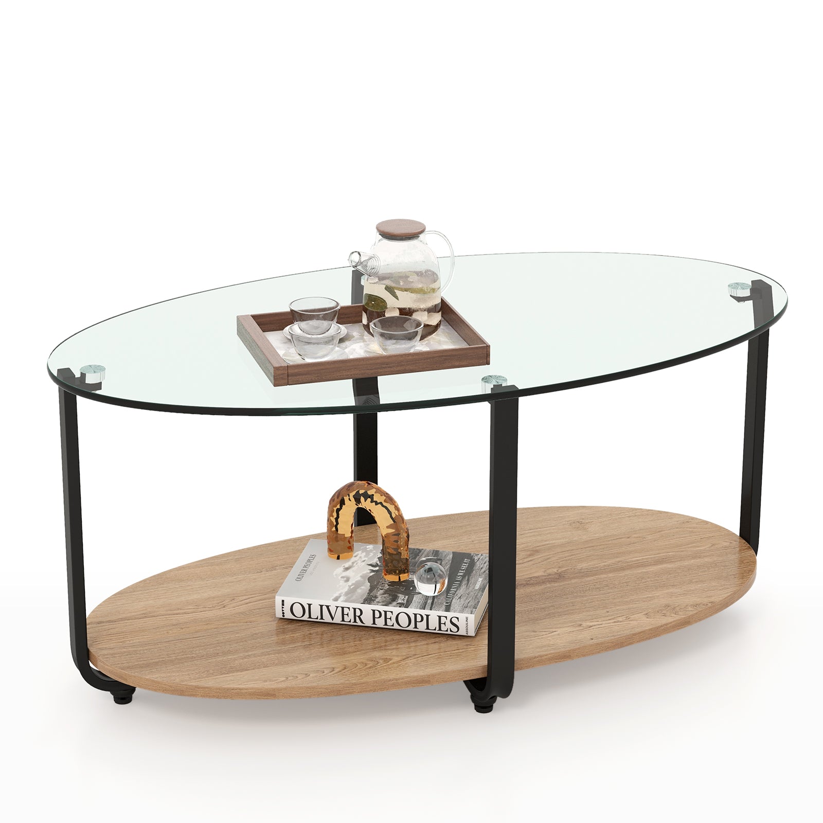 2-Tier Glass-Top Oval Coffee Table with Wooden Shelf for Living Room 