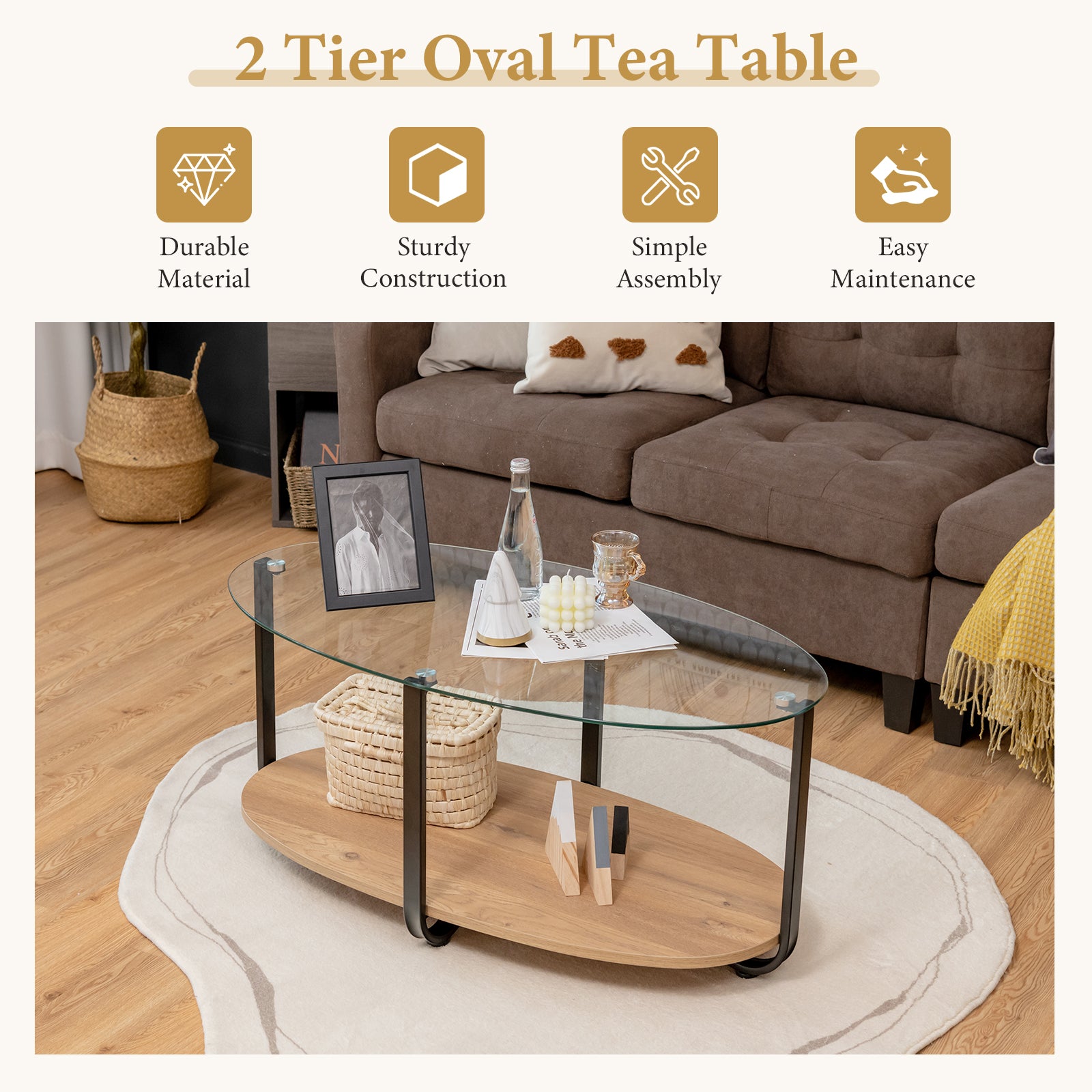 2-Tier Glass-Top Oval Coffee Table with Wooden Shelf for Living Room 