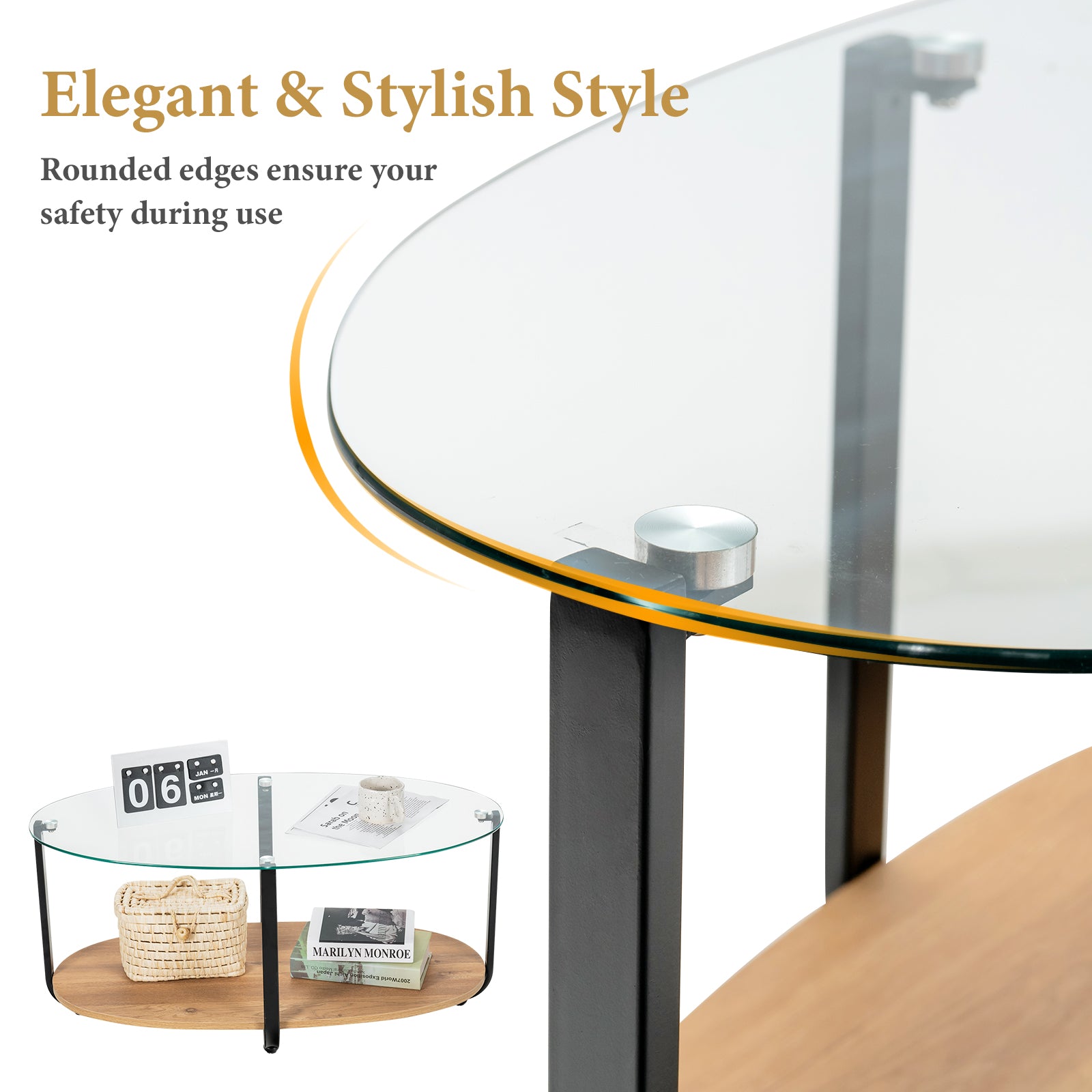 2-Tier Glass-Top Oval Coffee Table with Wooden Shelf for Living Room 