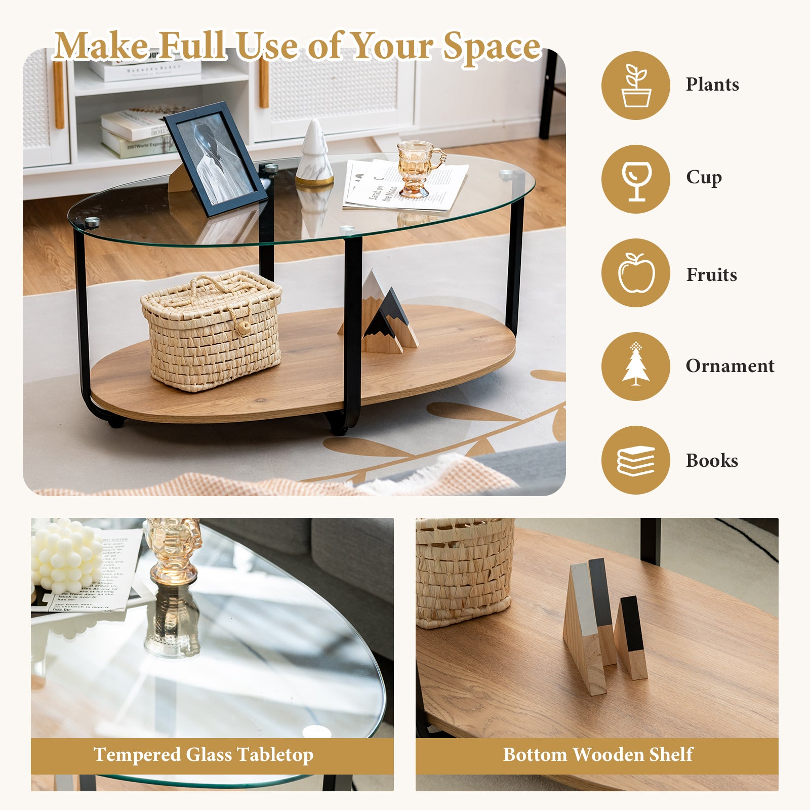 2-Tier Glass-Top Oval Coffee Table with Wooden Shelf for Living Room 