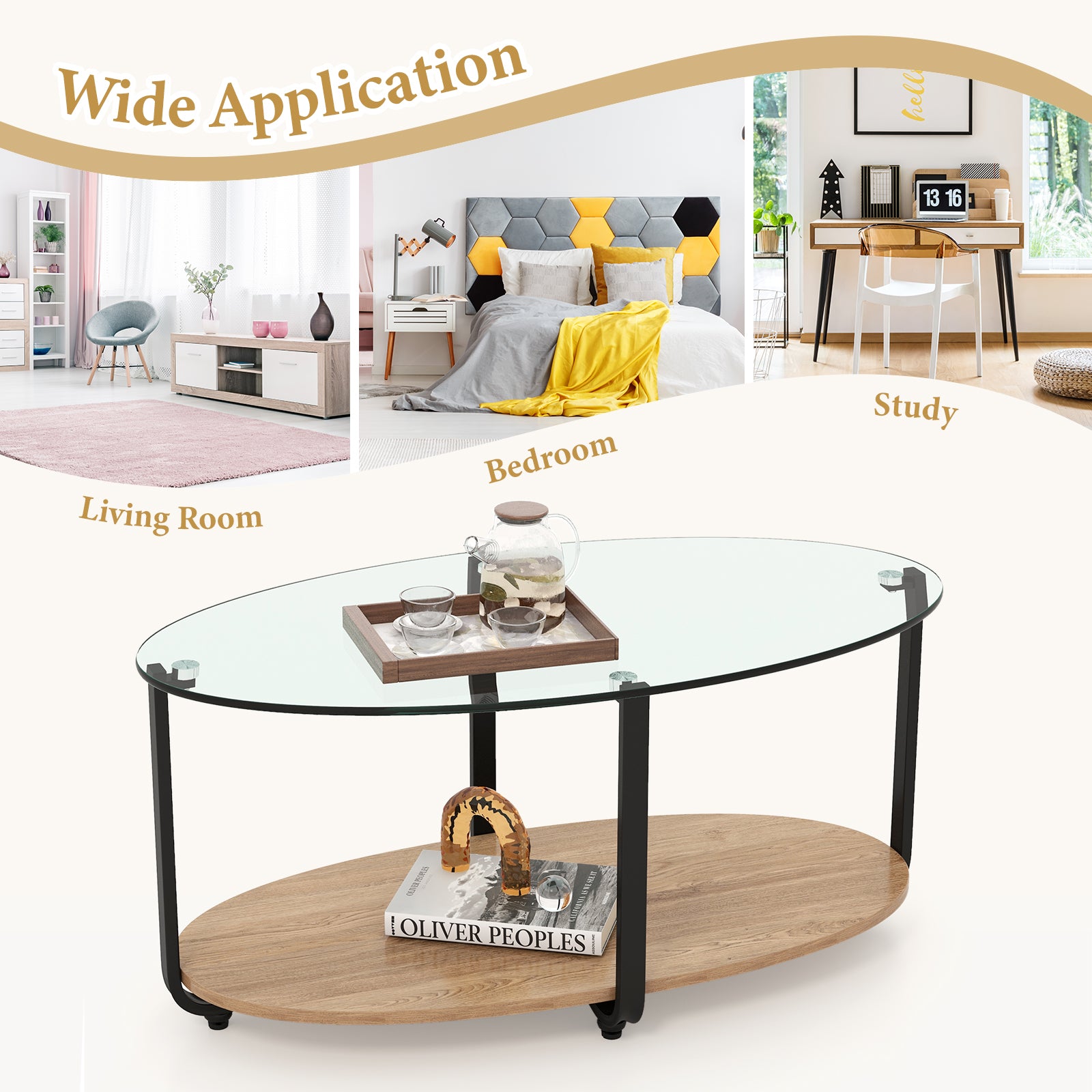 2-Tier Glass-Top Oval Coffee Table with Wooden Shelf for Living Room 
