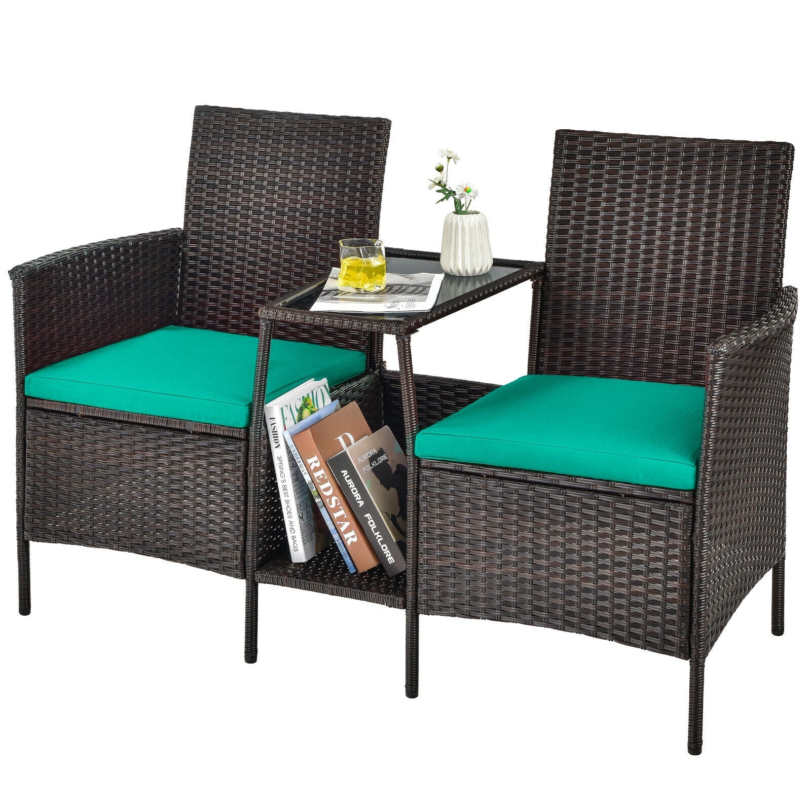 Patio Rattan Wicker Conversation Set Sofa Cushioned Loveseat Glass Table-Turquoise