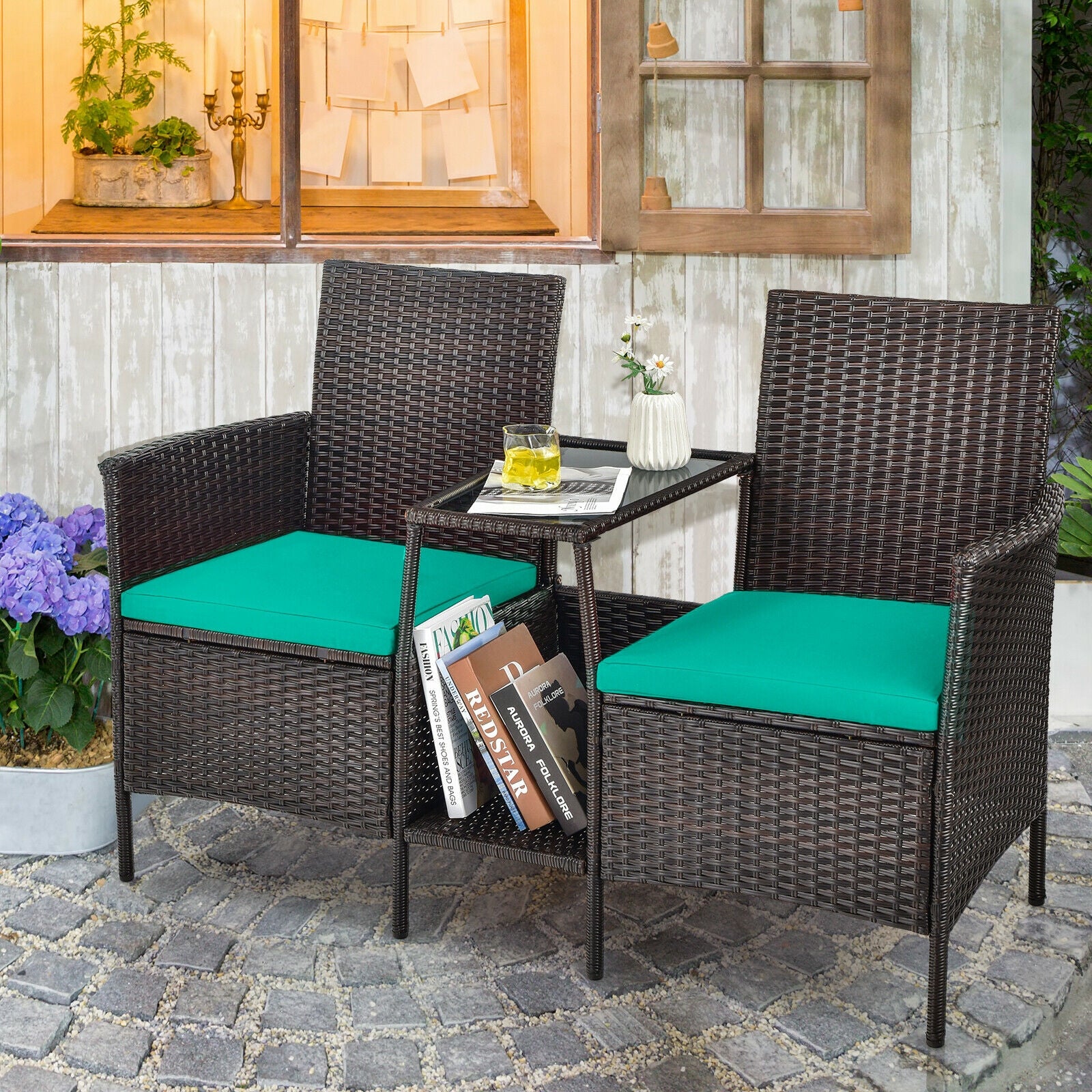 Patio Rattan Wicker Conversation Set Sofa Cushioned Loveseat Glass Table-Turquoise 