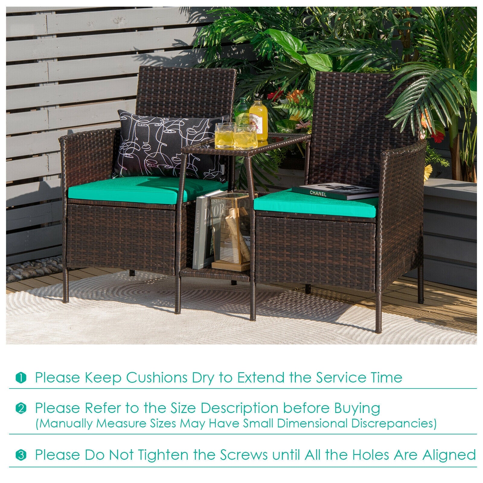 Patio Rattan Wicker Conversation Set Sofa Cushioned Loveseat Glass Table-Turquoise