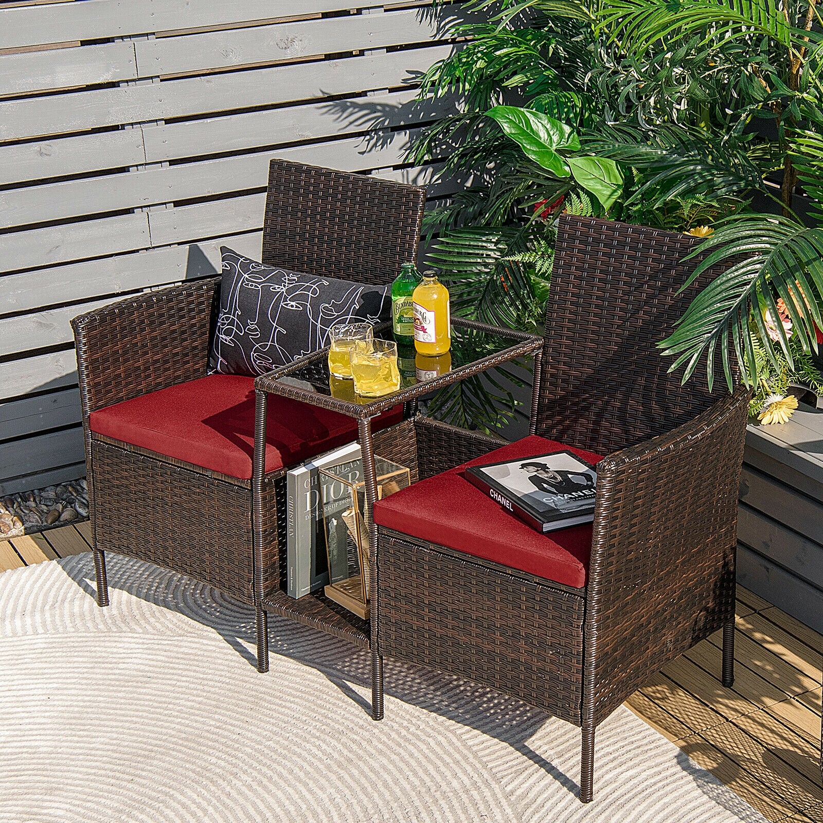 Patio Rattan Wicker Conversation Set Sofa Cushioned Loveseat Glass Table-Red 