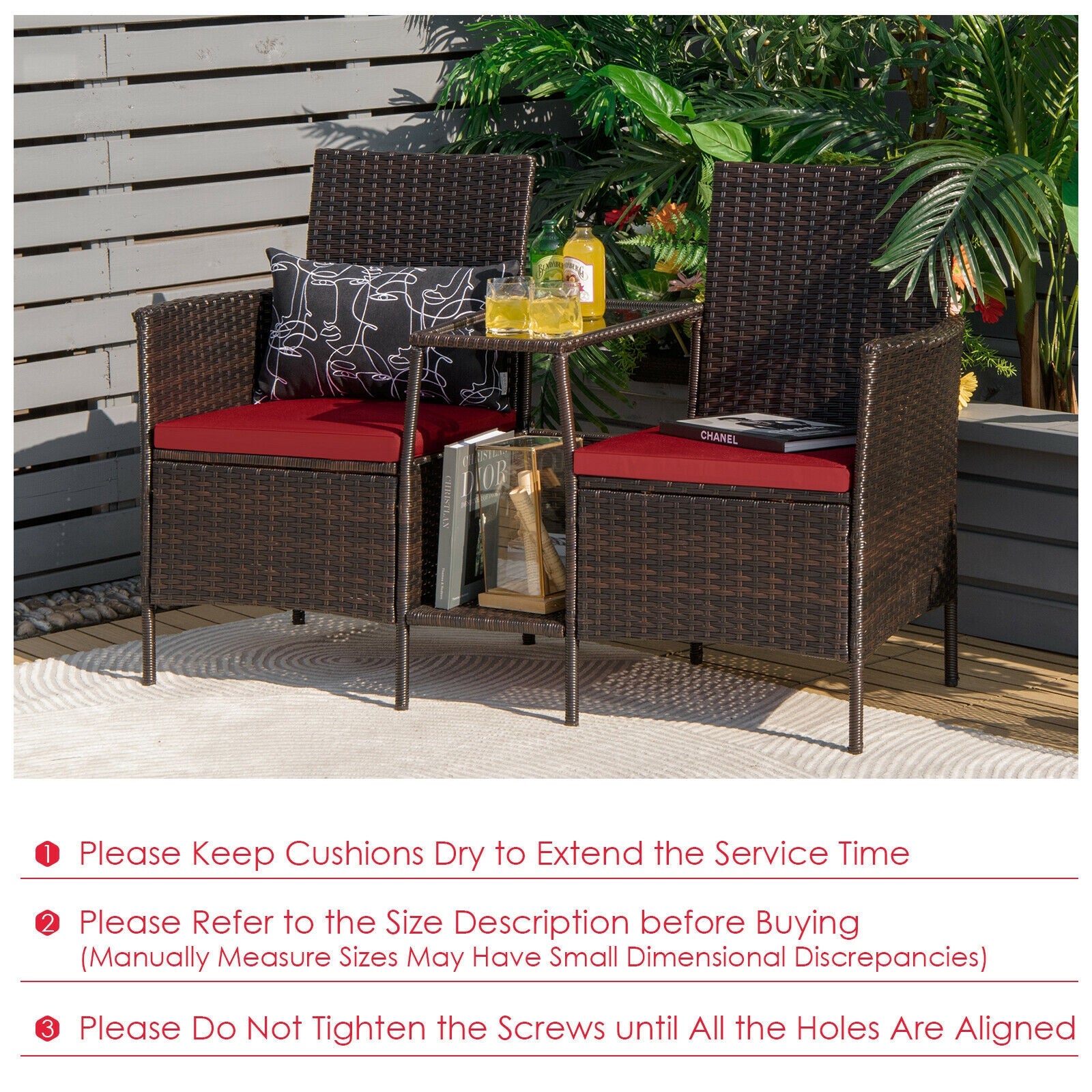 Patio Rattan Wicker Conversation Set Sofa Cushioned Loveseat Glass Table-Red