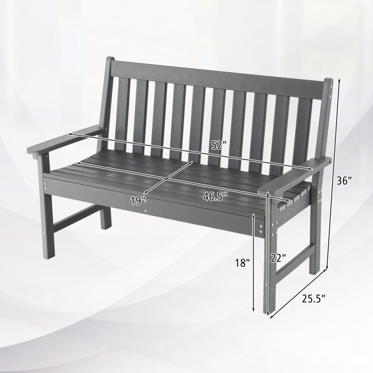 52 Inch All-Weather HDPE Outdoor Bench with Backrest and Armrests-Gray