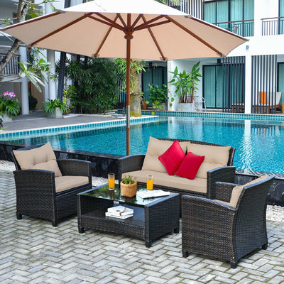 4 Pieces Outdoor Rattan Furniture Set with Glass Table 