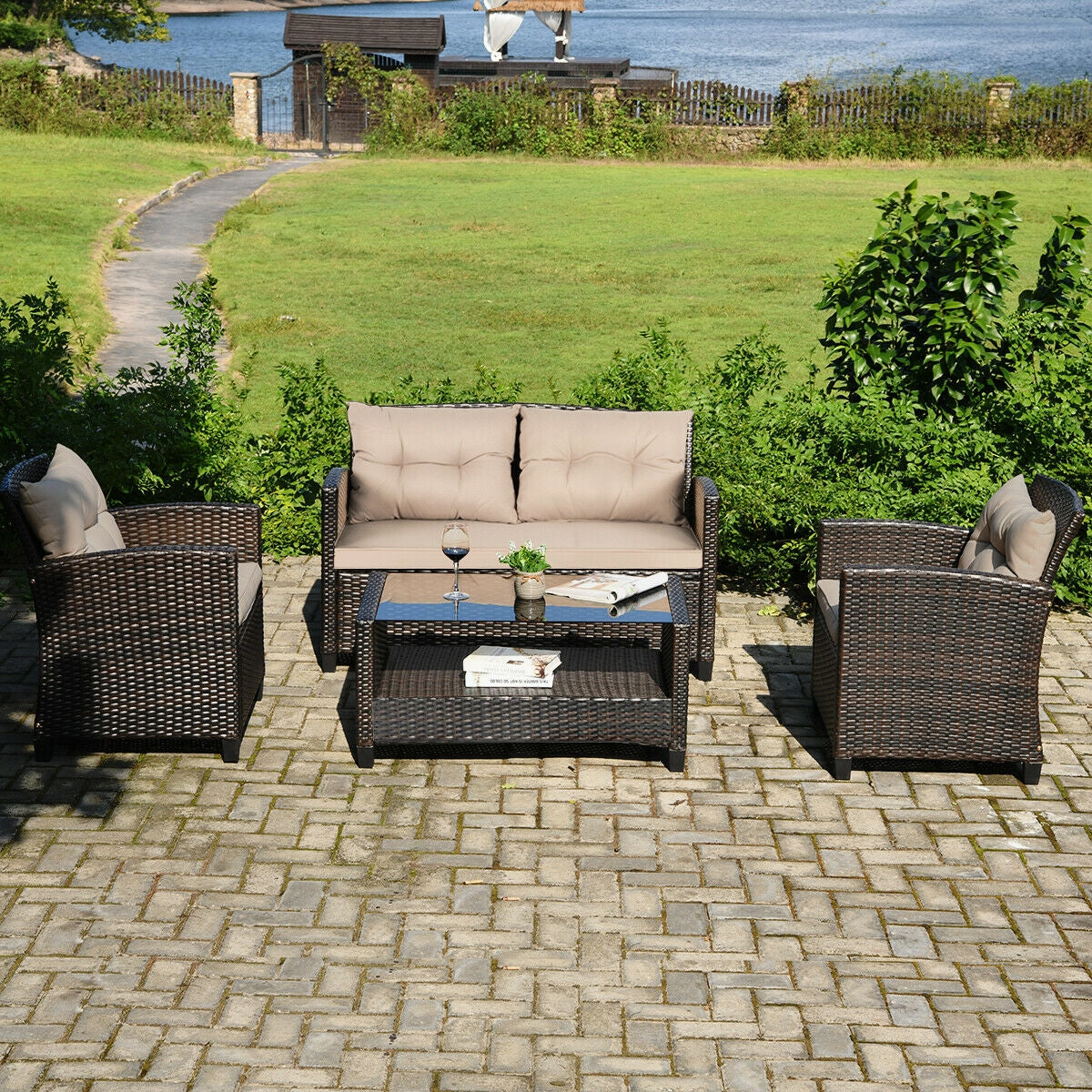 4 Pieces Outdoor Rattan Furniture Set with Glass Table