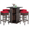 5 Pieces Patio Rattan Bar Table Stool Set Hidden Storage Shelf Cushioned-Red