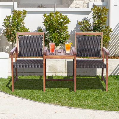 2-Seat Patio Rattan Acacia Wood Chair with Coffee Table 